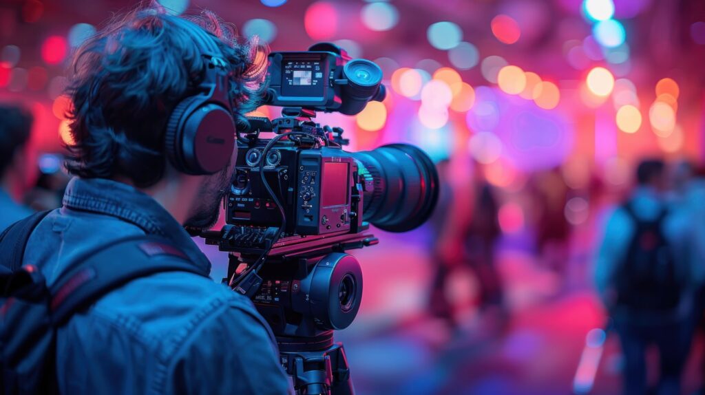 Cameraman filming with a large professional camera at a neon-lit event, colorful bokeh lights in the background